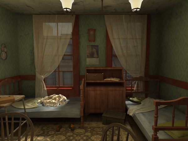 Image from "City of Immigrants" of the interior of a 1907 tenement room with two beds, a table, and a bureau