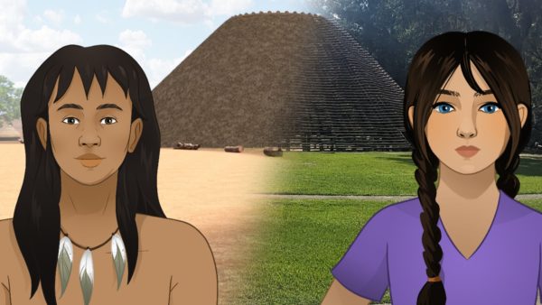 Game illustration with Apalachee teenage boy in 16th century garb on left and current-day Apalachee teenage girl on right 