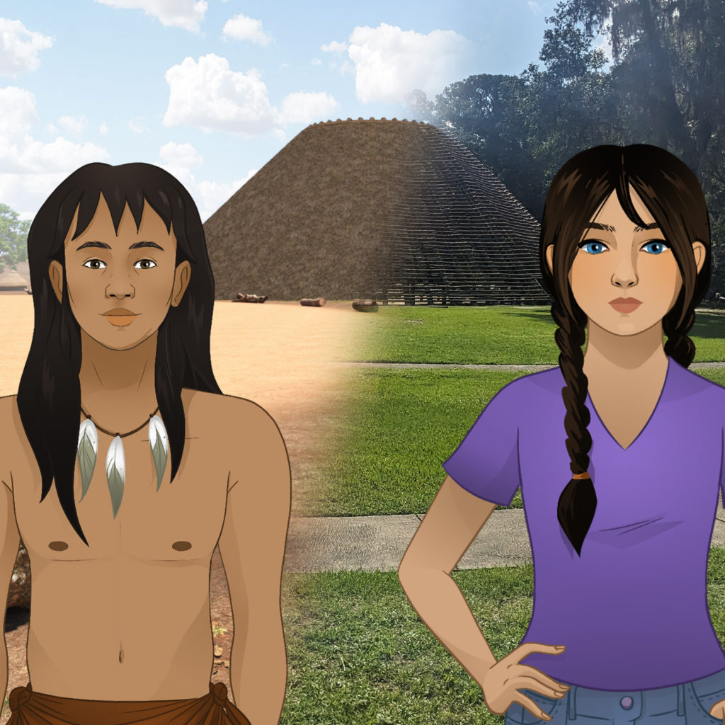 Split screen image. On the left, a teenage Apalachee boy against a historic backdrop. On the right, a contemporary teenage Apalachee girl against a contemporary backdrop.